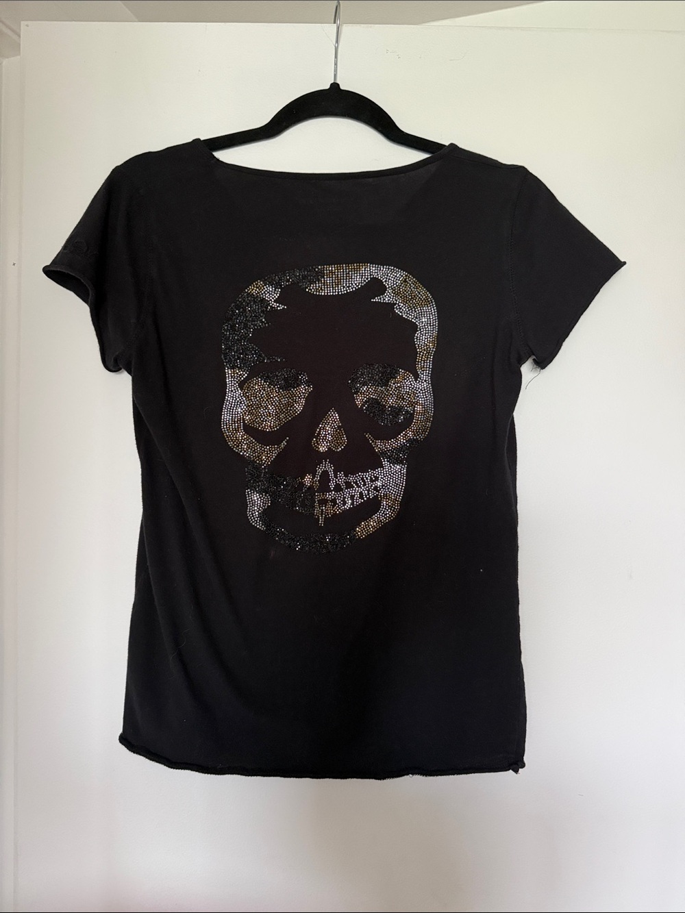 Zadig & Voltaire Black Short Sleeve V-Neck Tee with back Skull Detail